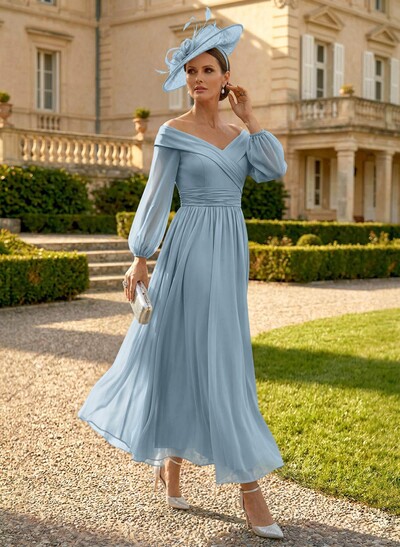 A-Line Off-The-Shoulder Long Sleeves Ankle-Length Chiffon Mother Of The Bride Dresses With Pleated