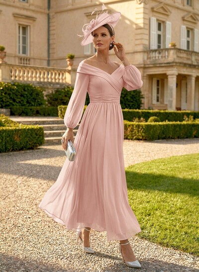 A-Line Off-The-Shoulder Long Sleeves Ankle-Length Chiffon Mother Of The Bride Dresses With Pleated