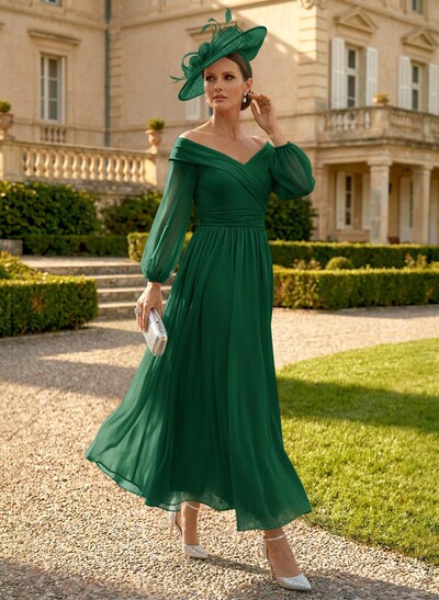 A-Line Off-The-Shoulder Long Sleeves Ankle-Length Chiffon Mother Of The Bride Dresses With Pleated