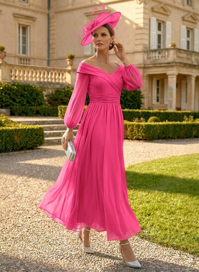 A-Line Off-The-Shoulder Long Sleeves Ankle-Length Chiffon Mother Of The Bride Dresses With Pleated
