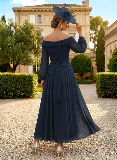 A-Line Off-The-Shoulder Long Sleeves Ankle-Length Chiffon Mother Of The Bride Dresses With Pleated