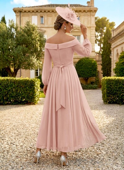 A-Line Off-The-Shoulder Long Sleeves Ankle-Length Chiffon Mother Of The Bride Dresses With Pleated