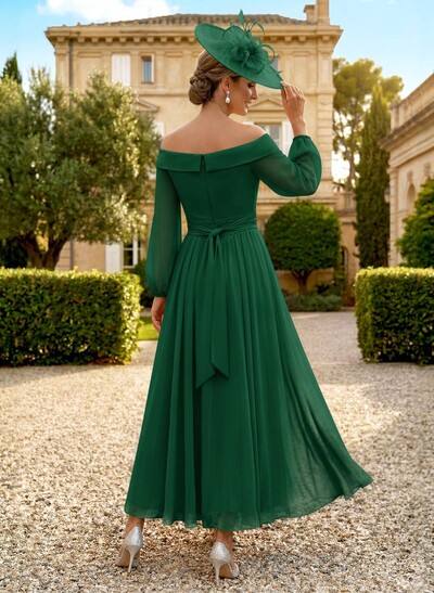 A-Line Off-The-Shoulder Long Sleeves Ankle-Length Chiffon Mother Of The Bride Dresses With Pleated
