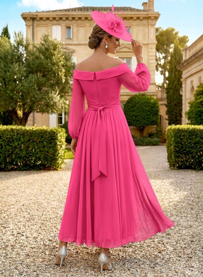 A-Line Off-The-Shoulder Long Sleeves Ankle-Length Chiffon Mother Of The Bride Dresses With Pleated