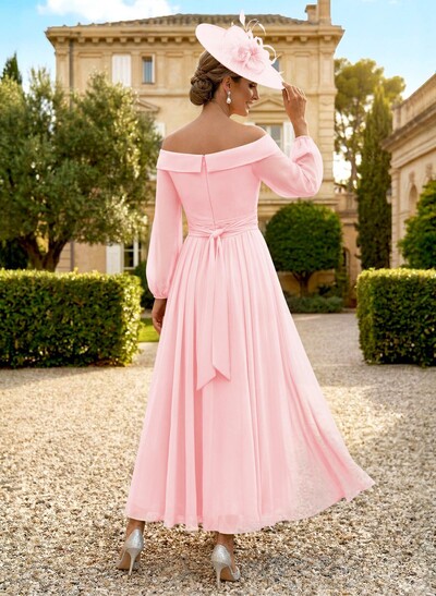 A-Line Off-The-Shoulder Long Sleeves Ankle-Length Chiffon Mother Of The Bride Dresses With Pleated