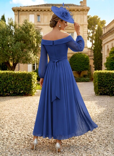 A-Line Off-The-Shoulder Long Sleeves Ankle-Length Chiffon Mother Of The Bride Dresses With Pleated