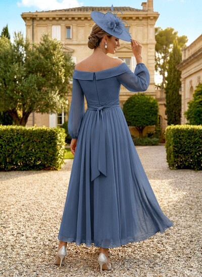 A-Line Off-The-Shoulder Long Sleeves Ankle-Length Chiffon Mother Of The Bride Dresses With Pleated