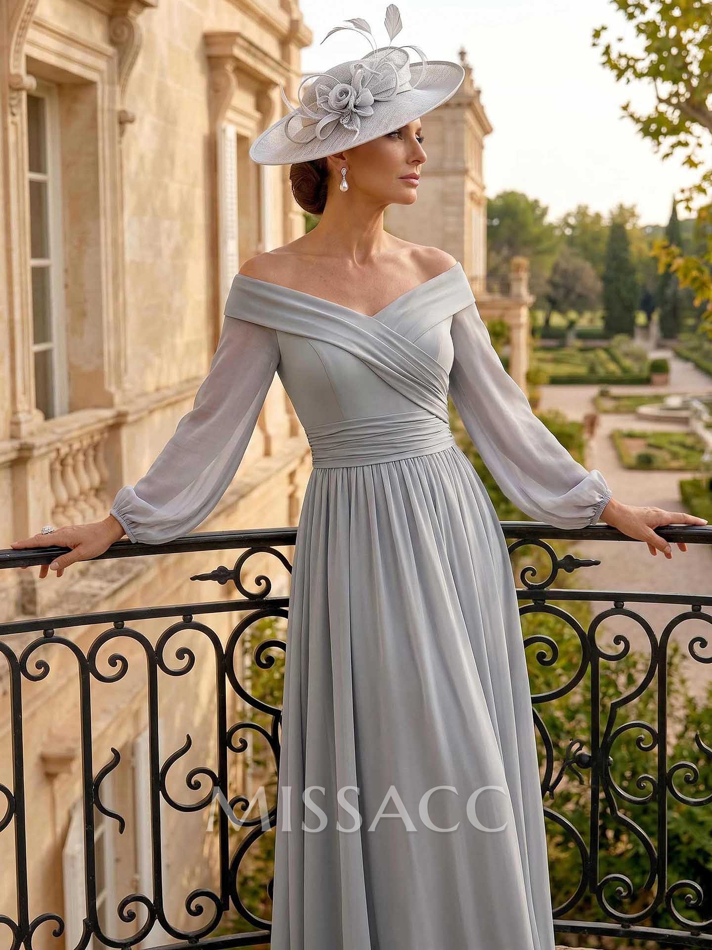 A-Line Off-The-Shoulder Long Sleeves Ankle-Length Chiffon Mother Of The Bride Dresses With Pleated A-Line Off-The-Shoulder Long Sleeves Ankle-Length Chiffon Mother Of The Bride Dresses With Pleated