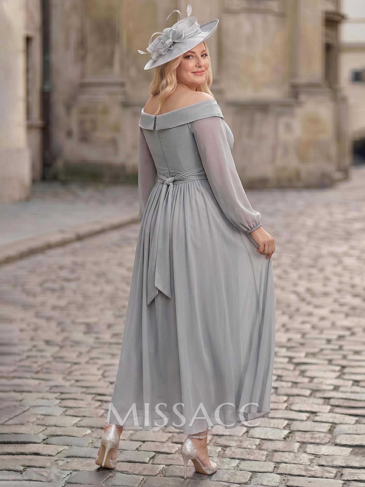 A-Line Off-The-Shoulder Long Sleeves Ankle-Length Chiffon Mother Of The Bride Dresses With Pleated A-Line Off-The-Shoulder Long Sleeves Ankle-Length Chiffon Mother Of The Bride Dresses With Pleated