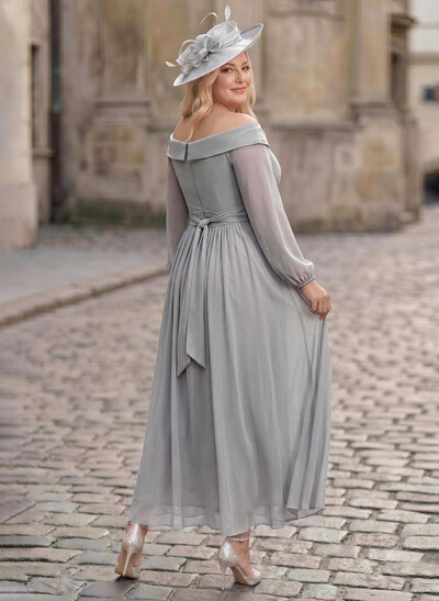 A-Line Off-The-Shoulder Long Sleeves Ankle-Length Chiffon Mother Of The Bride Dresses With Pleated