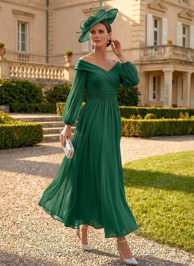A-Line Off-The-Shoulder Long Sleeves Ankle-Length Chiffon Mother Of The Bride Dresses With Pleated