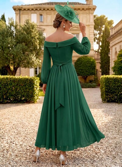 A-Line Off-The-Shoulder Long Sleeves Ankle-Length Chiffon Mother Of The Bride Dresses With Pleated