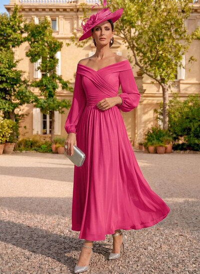 A-Line Off-The-Shoulder Long Sleeves Ankle-Length Chiffon Mother Of The Bride Dresses With Pleated