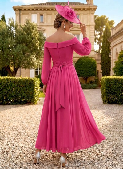 A-Line Off-The-Shoulder Long Sleeves Ankle-Length Chiffon Mother Of The Bride Dresses With Pleated