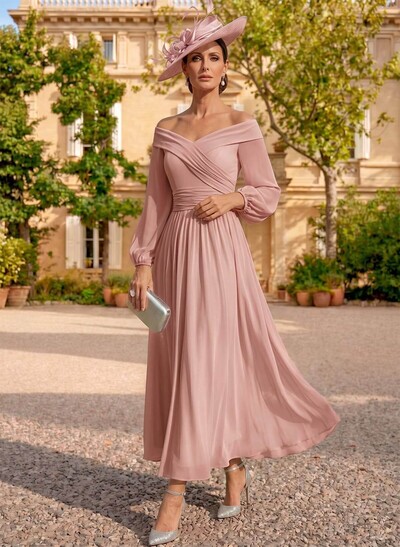 A-Line Off-The-Shoulder Long Sleeve Ankle-Length Chiffon Mother Of The Bride Dress With Pleats