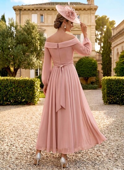 A-Line Off-The-Shoulder Long Sleeve Ankle-Length Chiffon Mother Of The Bride Dress With Pleats