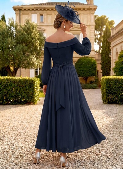 A-Line Off-The-Shoulder Long Sleeve Ankle-Length Chiffon Mother Of The Bride Dress With Pleats