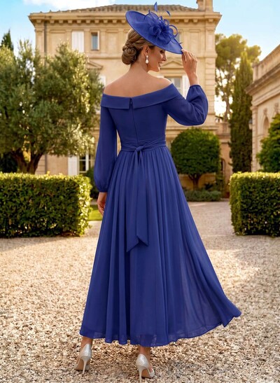 A-Line Off-The-Shoulder Long Sleeves Ankle-Length Chiffon Mother Of The Bride Dresses With Pleated