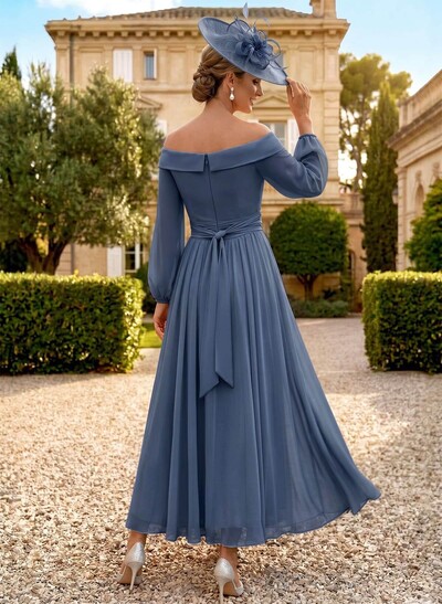 A-Line Off-The-Shoulder Long Sleeve Ankle-Length Chiffon Mother Of The Bride Dress With Pleats