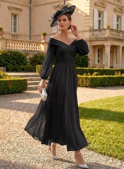 A-Line Off-The-Shoulder Long Sleeve Ankle-Length Chiffon Mother Of The Bride Dress With Pleats