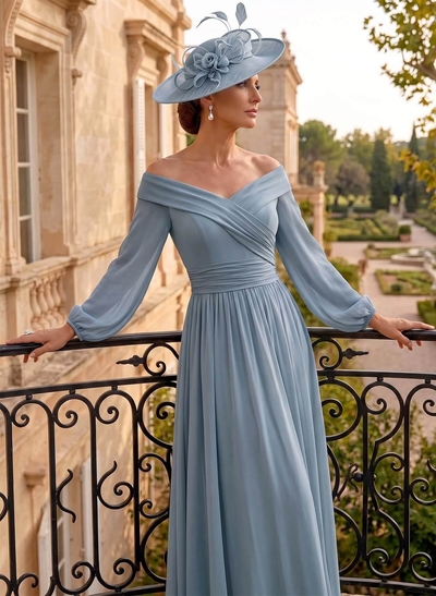 A-Line Off-The-Shoulder Long Sleeves Ankle-Length Chiffon Mother Of The Bride Dresses With Pleated