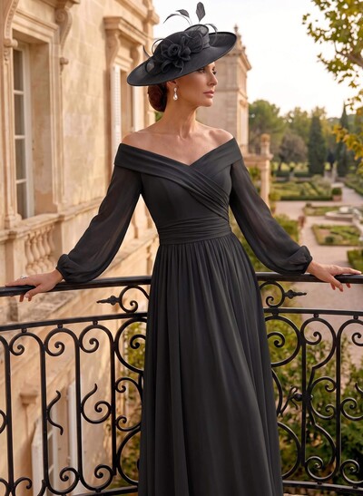 A-Line Off-The-Shoulder Long Sleeve Ankle-Length Chiffon Mother Of The Bride Dress With Pleats