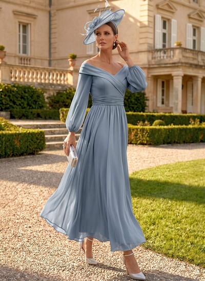 A-Line Off-The-Shoulder Long Sleeves Ankle-Length Chiffon Mother Of The Bride Dresses With Pleated