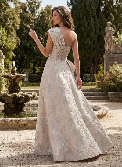 A-Line One-Shoulder Floor-Length Jacquard Evening Dresses With Floral-Print/Split Front/Bow(s)