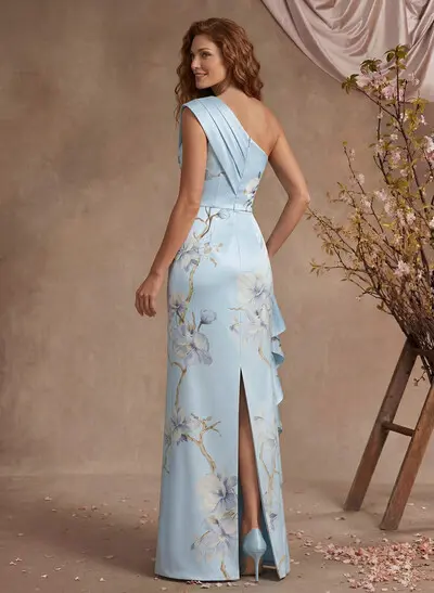 Sheath/Column One-Shoulder Sleeveless Floor-Length Satin Evening Dresses With Ruffle/Floral-Print