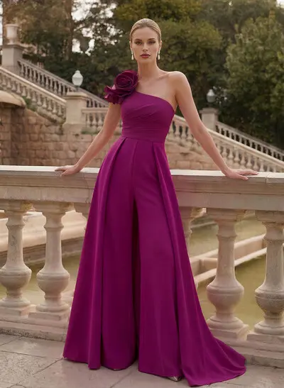 Elegant Jumpsuit/Pantsuit One-Shoulder Sleeveless Sweep Train Elastic Satin Mother Of The Bride Dresses With Flower