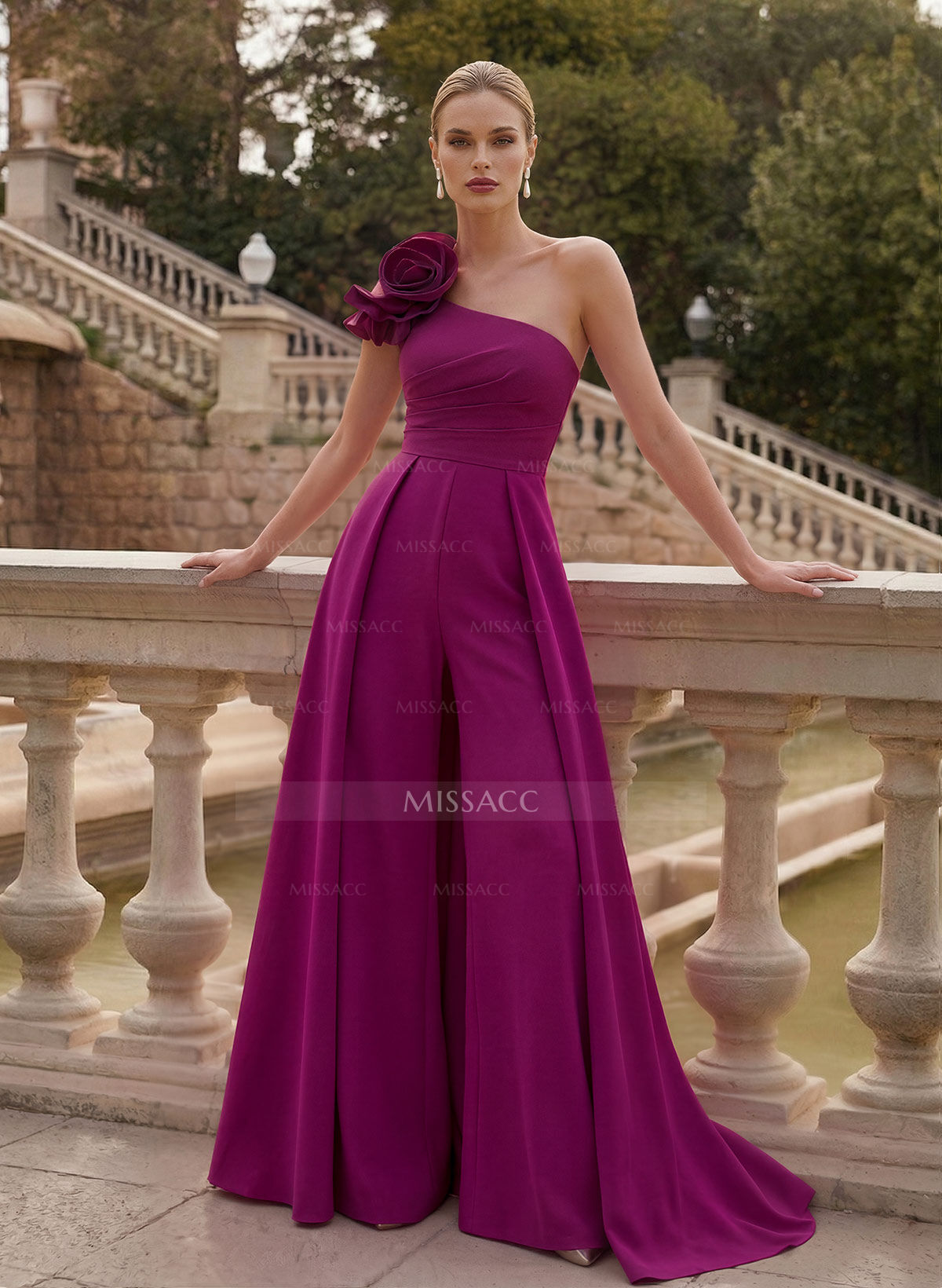 Elegant Jumpsuit/Pantsuit One-Shoulder Sleeveless Sweep Train Elastic Satin Mother Of The Bride Dresses With Flower