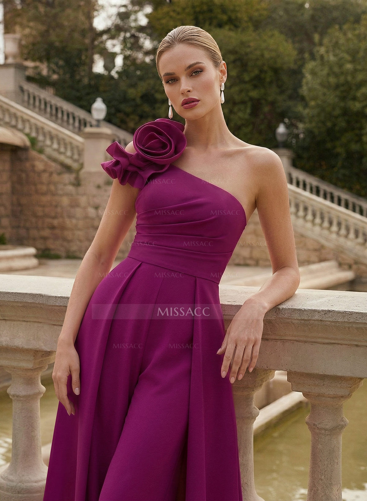 Elegant Jumpsuit/Pantsuit One-Shoulder Sleeveless Sweep Train Elastic Satin Mother Of The Bride Dresses With Flower