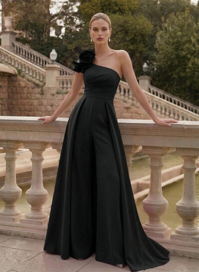 Elegant Jumpsuit/Pantsuit One-Shoulder Sleeveless Sweep Train Elastic Satin Mother Of The Bride Dresses With Flower