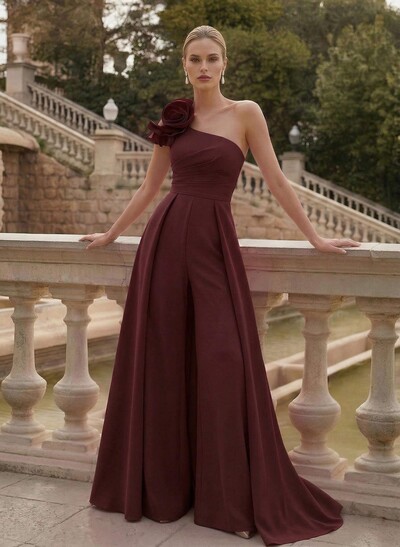 Elegant Jumpsuit/Pantsuit One-Shoulder Sleeveless Sweep Train Elastic Satin Mother Of The Bride Dresses With Flower