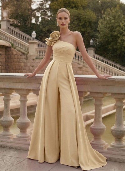 Elegant Jumpsuit/Pantsuit One-Shoulder Sleeveless Sweep Train Elastic Satin Mother Of The Bride Dresses With Flower