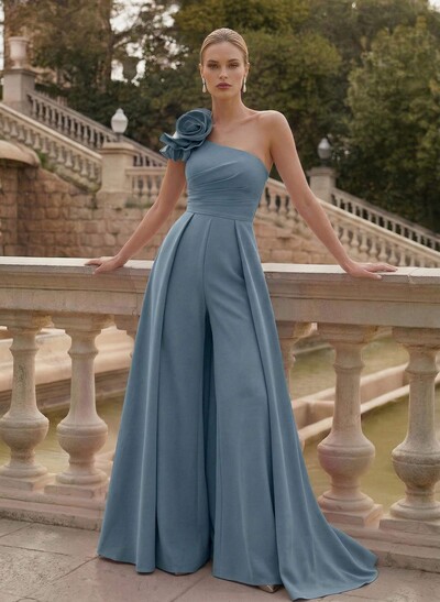 Elegant Jumpsuit/Pantsuit One-Shoulder Sleeveless Sweep Train Elastic Satin Mother Of The Bride Dresses With Flower
