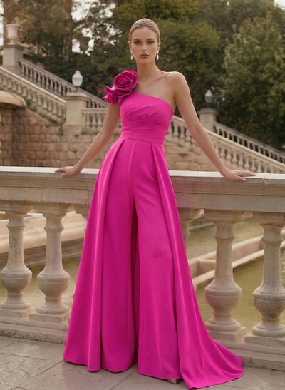 Elegant Jumpsuit/Pantsuit One-Shoulder Sleeveless Sweep Train Elastic Satin Mother Of The Bride Dresses With Flower