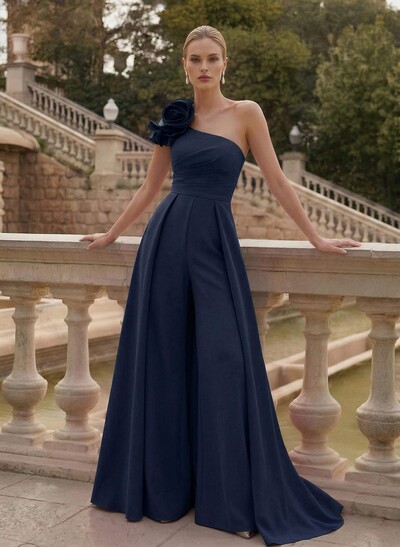 Elegant Jumpsuit/Pantsuit One-Shoulder Sleeveless Sweep Train Elastic Satin Mother Of The Bride Dresses With Flower