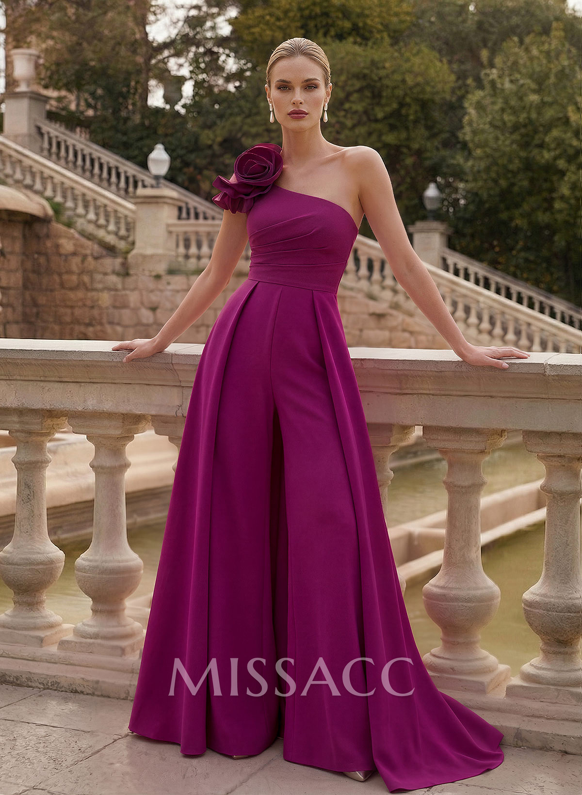 Elegant Jumpsuit/Pantsuit One-Shoulder Sleeveless Sweep Train Elastic Satin Mother Of The Bride Dresses With Flower