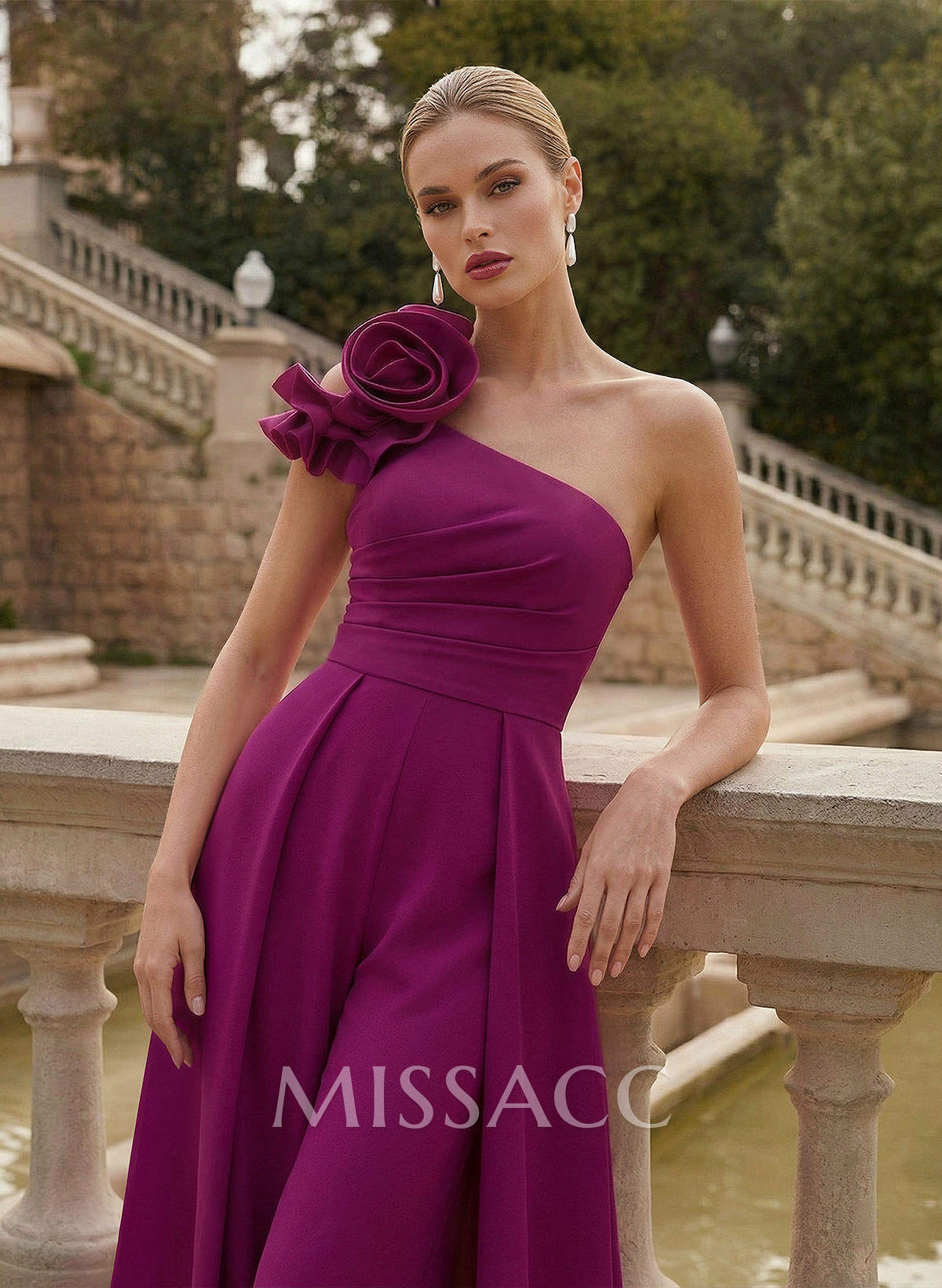Elegant Jumpsuit/Pantsuit One-Shoulder Sleeveless Sweep Train Elastic Satin Mother Of The Bride Dresses With Flower