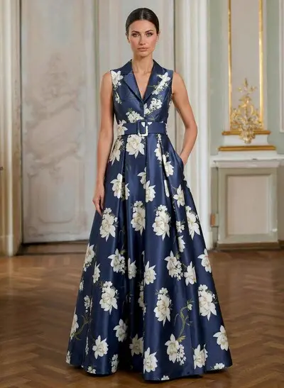 A-Line V-Neck Sleeveless Floor-Length Satin Mother Of The Bride Dresses With Sash/Flower(s)