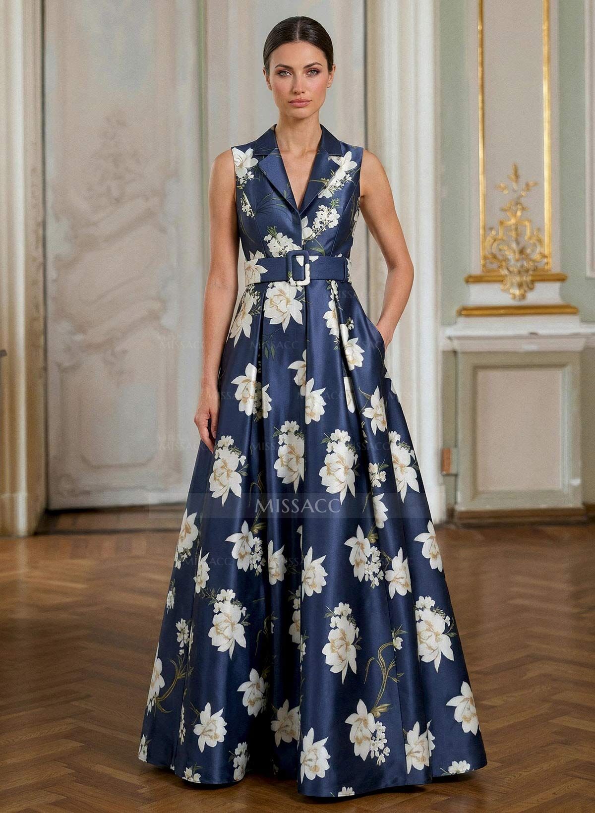 A-Line V-Neck Sleeveless Floor-Length Satin Mother Of The Bride Dresses With Sash/Flower(s)