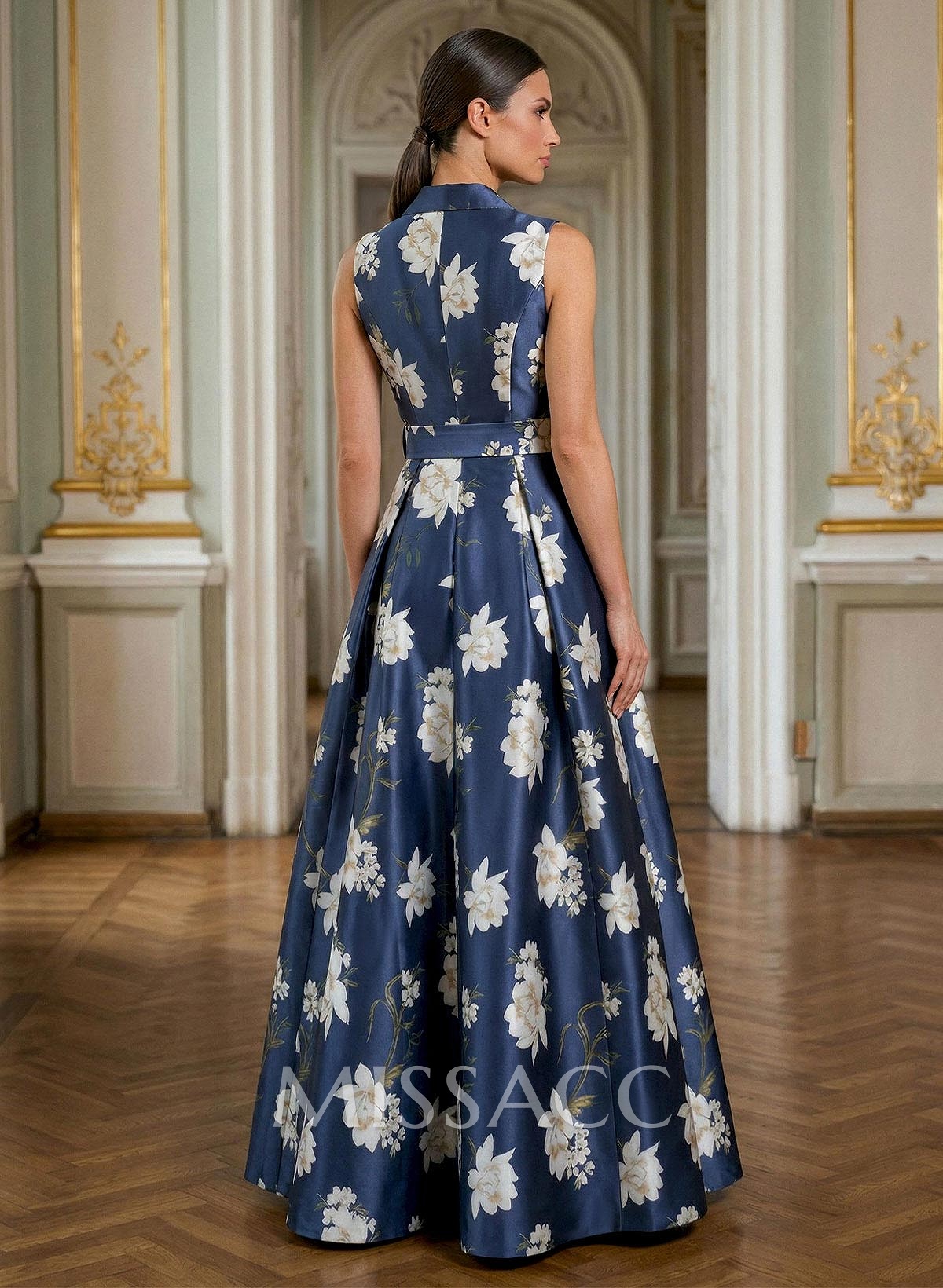 A-Line V-Neck Sleeveless Floor-Length Satin Mother Of The Bride Dresses With Floral-Print/Sash