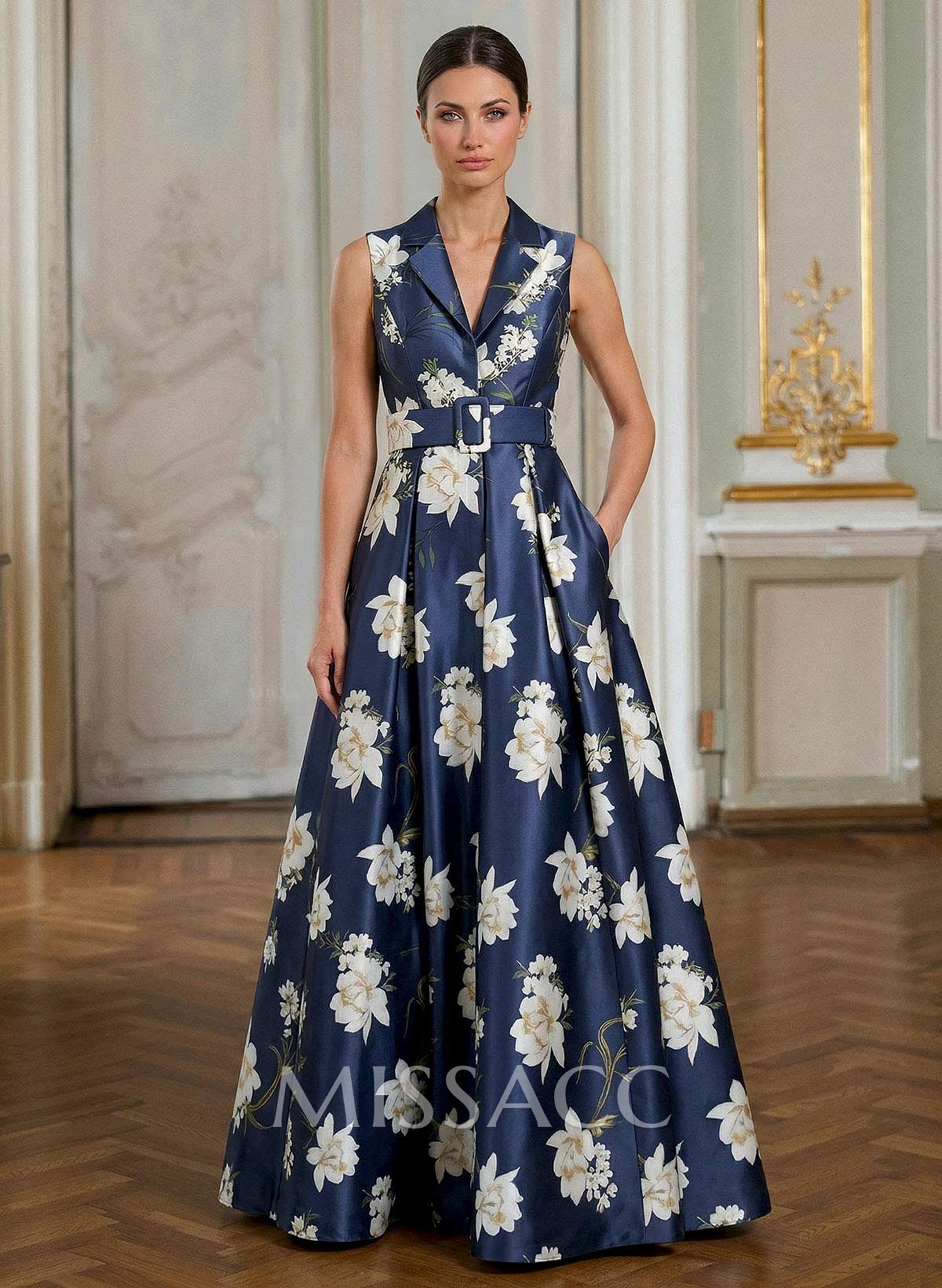 A-Line V-Neck Sleeveless Floor-Length Satin Mother Of The Bride Dresses With Floral-Print/Sash