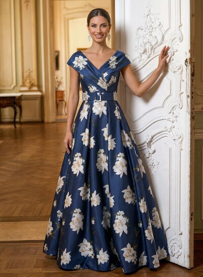 Floor-Length A-Line V-Neck Sleeveless Satin Mother Of The Bride Dresses With Sash/Flower(s)