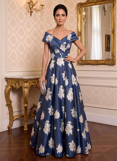 Floor-Length A-Line V-Neck Sleeveless Satin Mother Of The Bride Dresses With Floral-Print/Sash