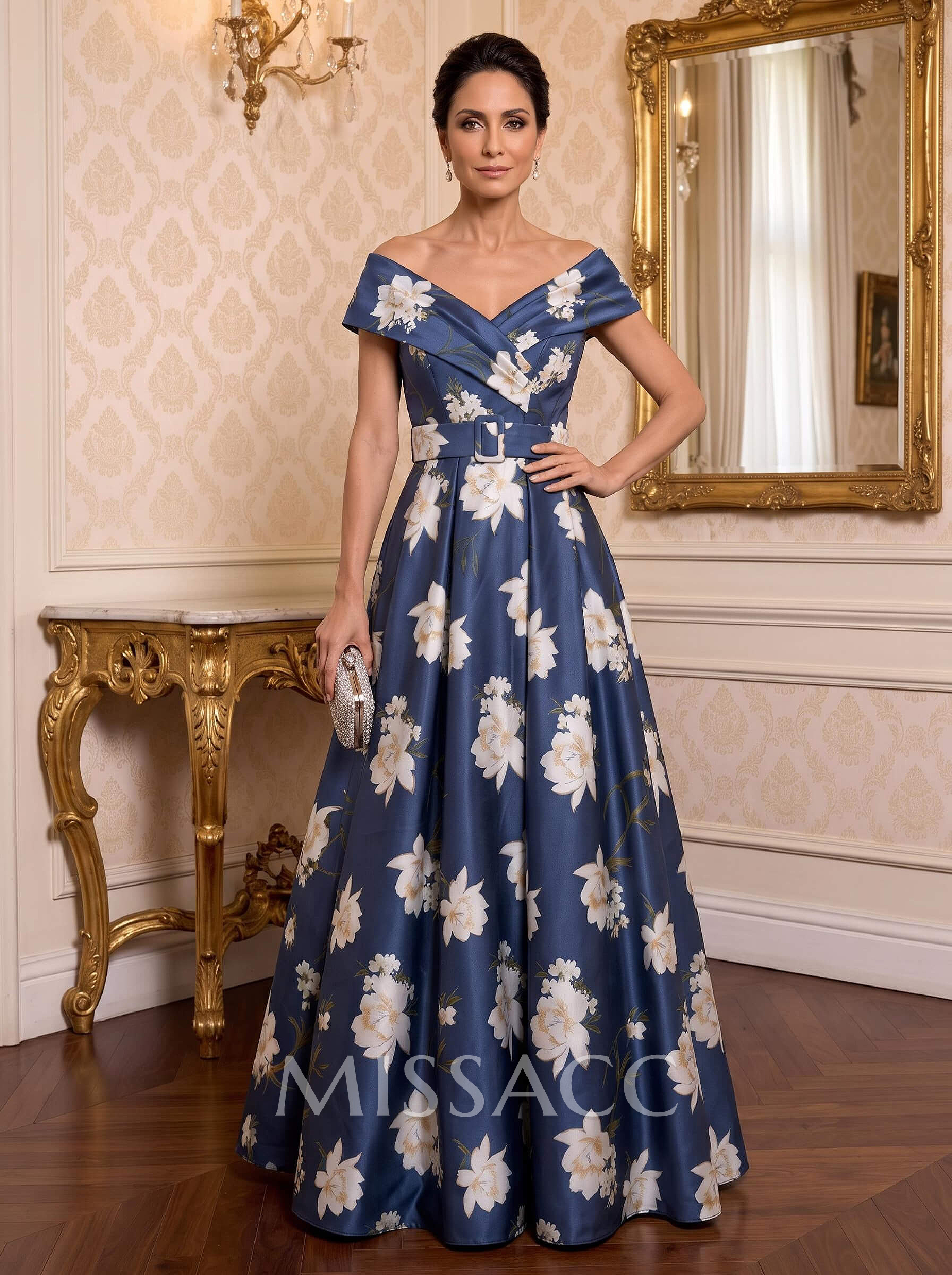 Floor-Length A-Line V-Neck Sleeveless Satin Mother Of The Bride Dresses With Floral-Print/Sash Floor-Length A-Line V-Neck Sleeveless Satin Mother Of The Bride Dresses With Floral-Print/Sash