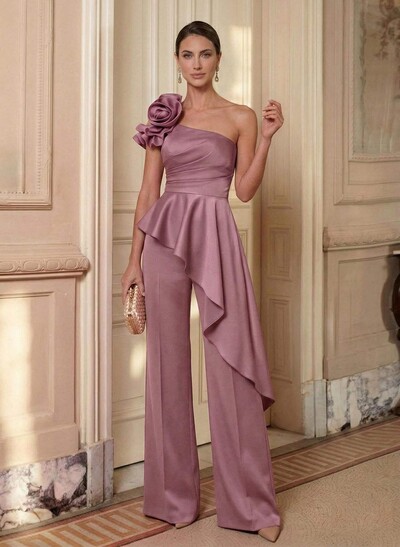 One-Shoulder Sleeveless Floor-Length Matte Satin Evening Dresses With Ruffle/Flower(s)