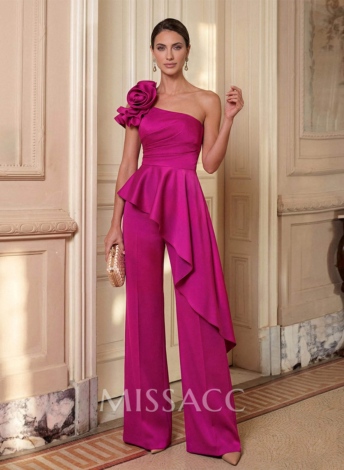 One-Shoulder Sleeveless Floor-Length Matte Satin Mother Of The Bride Dresses With Ruffle/Flower(s) One-Shoulder Sleeveless Floor-Length Matte Satin Mother Of The Bride Dresses With Ruffle/Flower(s)