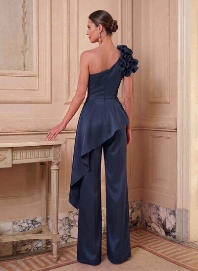 Jumpsuit/Pantsuit One-Shoulder Sleeveless Maxi Crepe Satin Mother of the Bride Outfit with Ruffle/Flower Detail